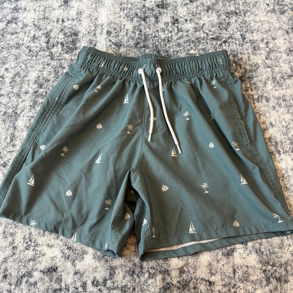 Hollister 4-Way Stretch Swim Trunks Mens Small Teal Nautical Print Sailboat Fish